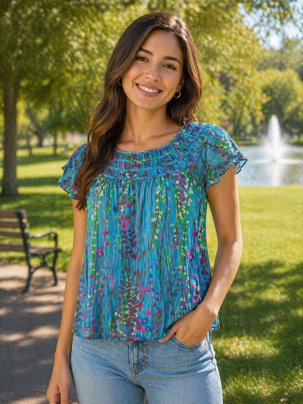 Free People Teal Floral Smocked Yoke Blouse